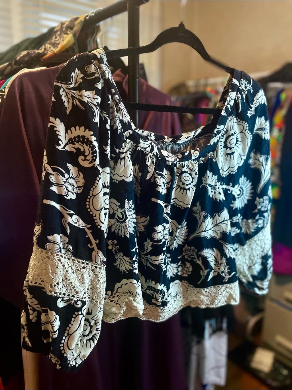 Boho Floral Off-Shoulder Peasant Top - Black & White